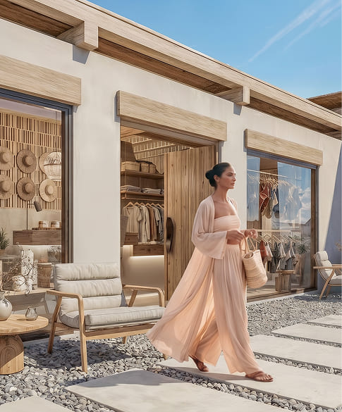 Woman in a breezy salmon-colored outfit leaving Mikri Santa boutique.